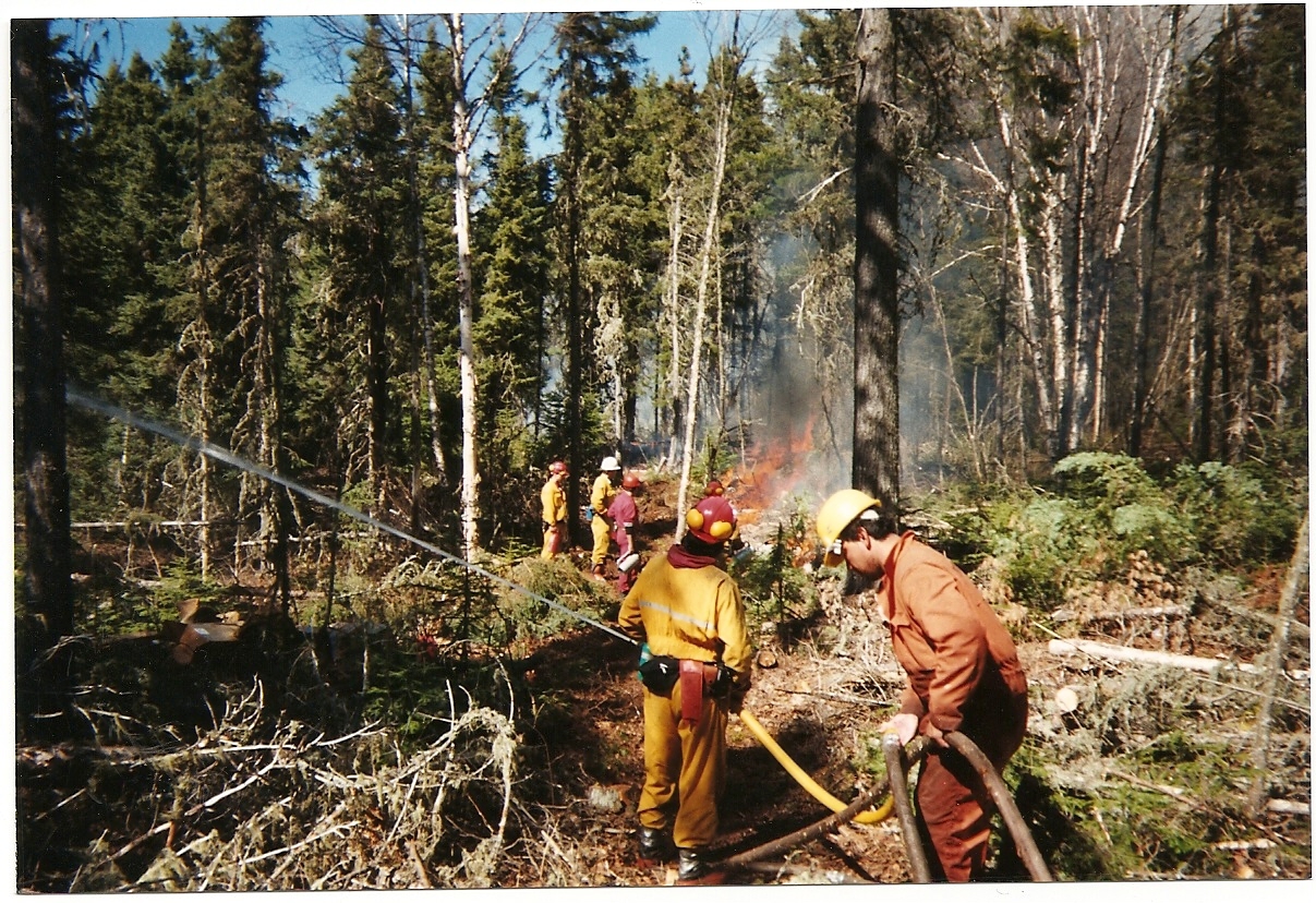 Working on the fireline with hose, 2 3-man crews